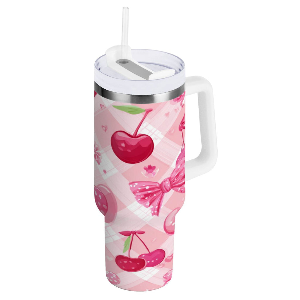 30 oz Insulated Stainless Steel Tumbler Double Wall Stainless Steel Tumbler with 2-Way Drinking Cherry and Pink Bow Pattern - ROVR