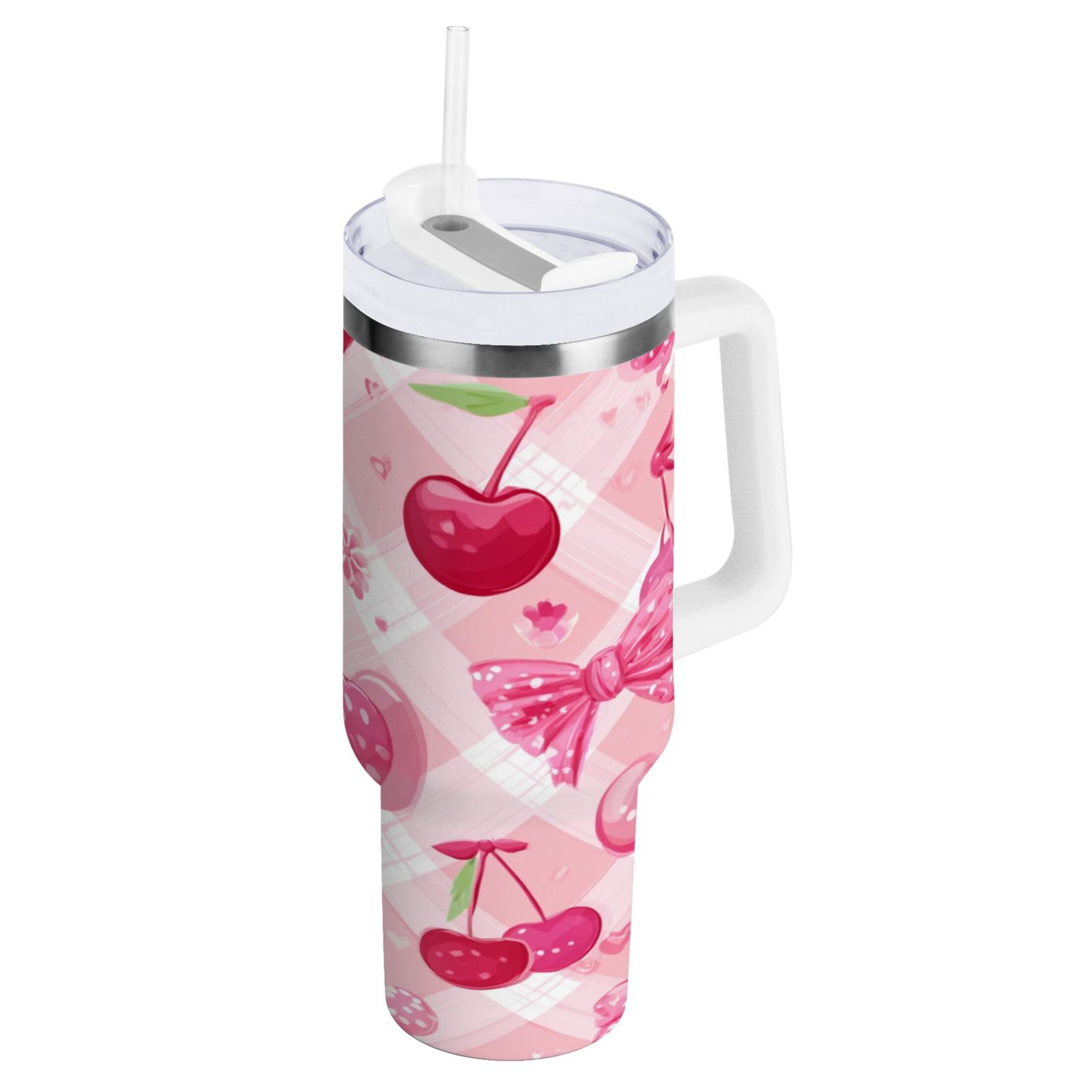 30 oz Insulated Stainless Steel Tumbler Double Wall Stainless Steel Tumbler with 2-Way Drinking Cherry and Pink Bow Pattern - ROVR