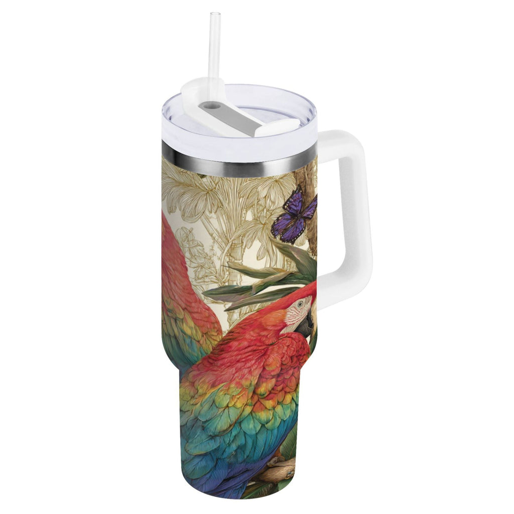 30 oz Insulated Stainless Steel Tumbler Double Wall Stainless Steel Tumbler with 2-Way Drinking Colorful Beautiful Parrots - SJFC