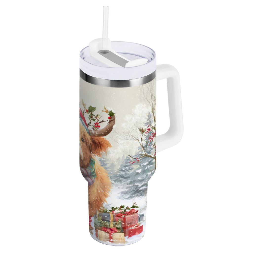 30 oz Insulated Stainless Steel Tumbler Double Wall Stainless Steel Tumbler with 2-Way Drinking Cow Wearing Christmas Hat - QIV6