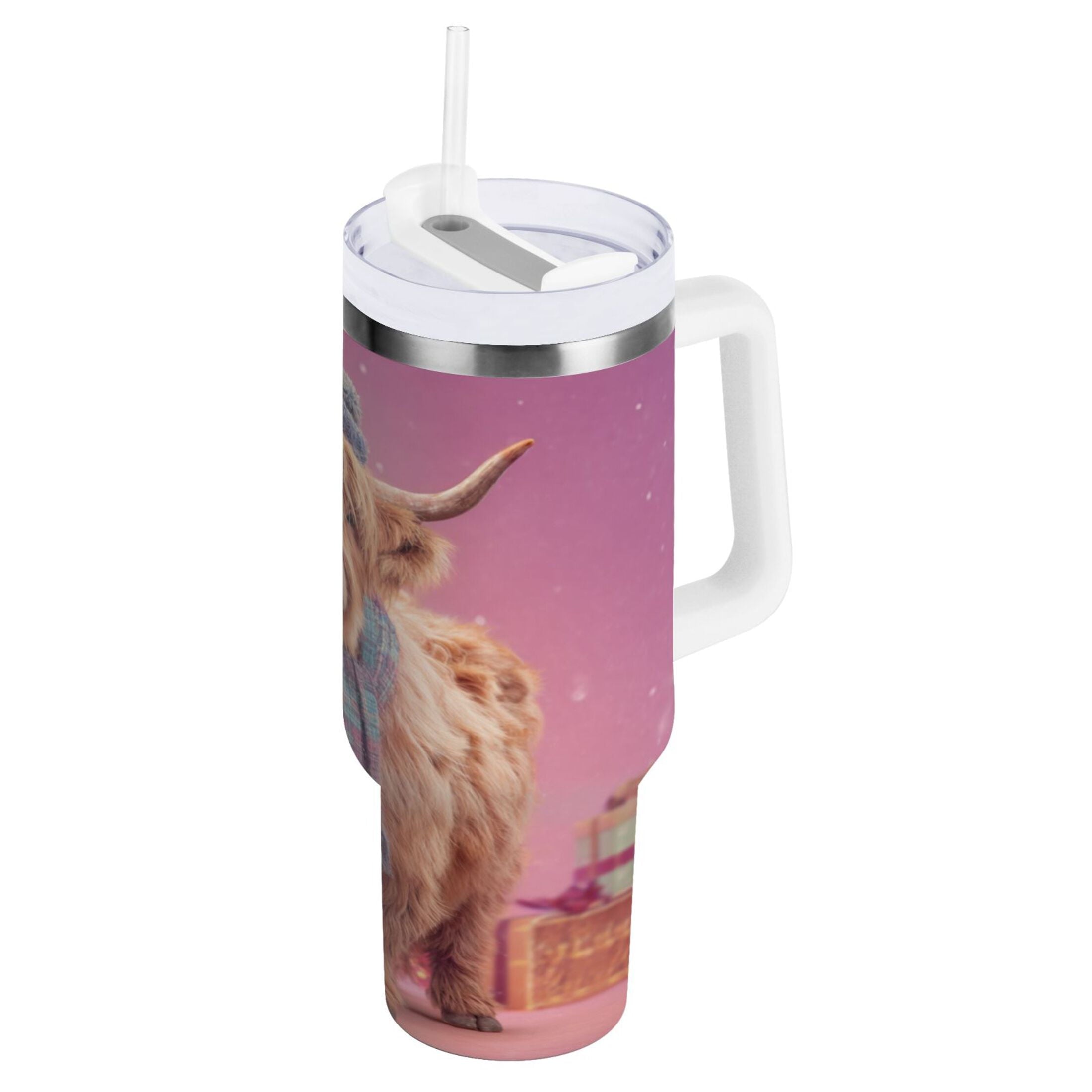 30 oz Insulated Stainless Steel Tumbler Double Wall Stainless Steel Tumbler with 2-Way Drinking Cow Wearing Christmas - UM75