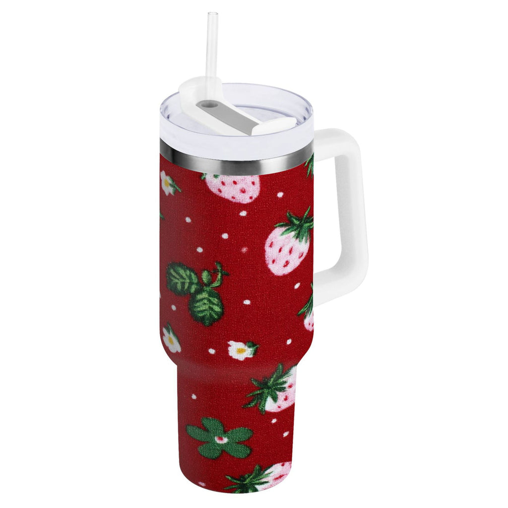 30 oz Insulated Stainless Steel Tumbler Double Wall Stainless Steel Tumbler with 2-Way Drinking Cute Pink Strawberry Pattern - 4476