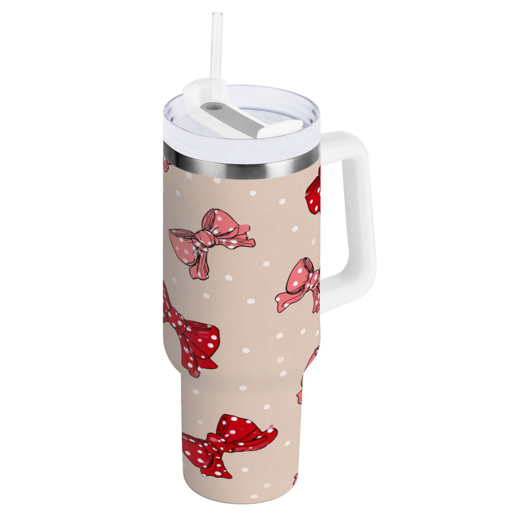 30 oz Insulated Stainless Steel Tumbler Double Wall Stainless Steel Tumbler with 2-Way Drinking Cute Red Bows Pattern - 070H