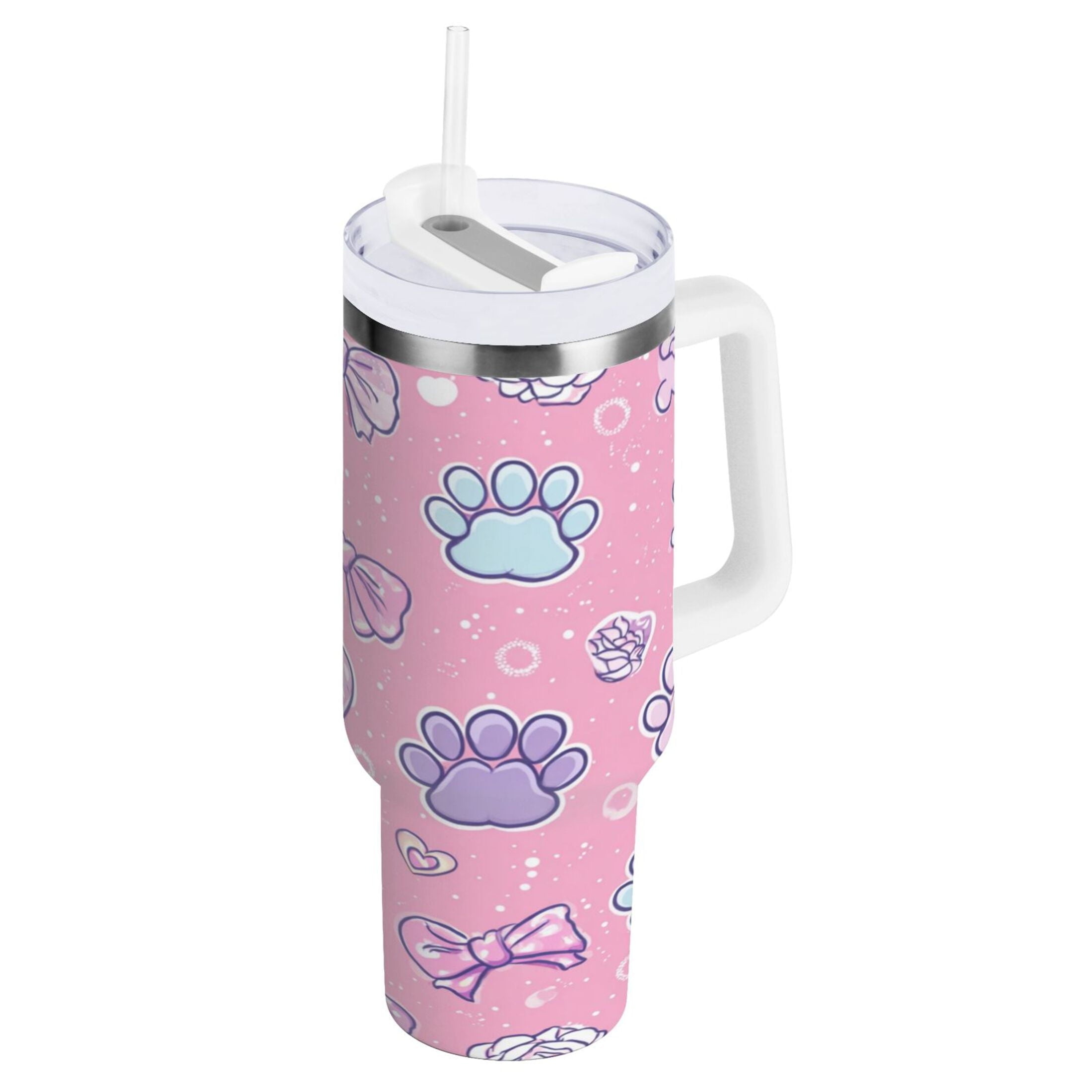 30 oz Insulated Stainless Steel Tumbler Double Wall Stainless Steel Tumbler with 2-Way Drinking Dog Paw Prints and Bows - QSKK