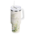 30 oz Insulated Stainless Steel Tumbler Double Wall Stainless Steel Tumbler with 2-Way Drinking Dragonflies with White Daisies - BM0T