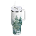 30 oz Insulated Stainless Steel Tumbler Double Wall Stainless Steel Tumbler with 2-Way Drinking Green Snowy Forest Scene - RL1K