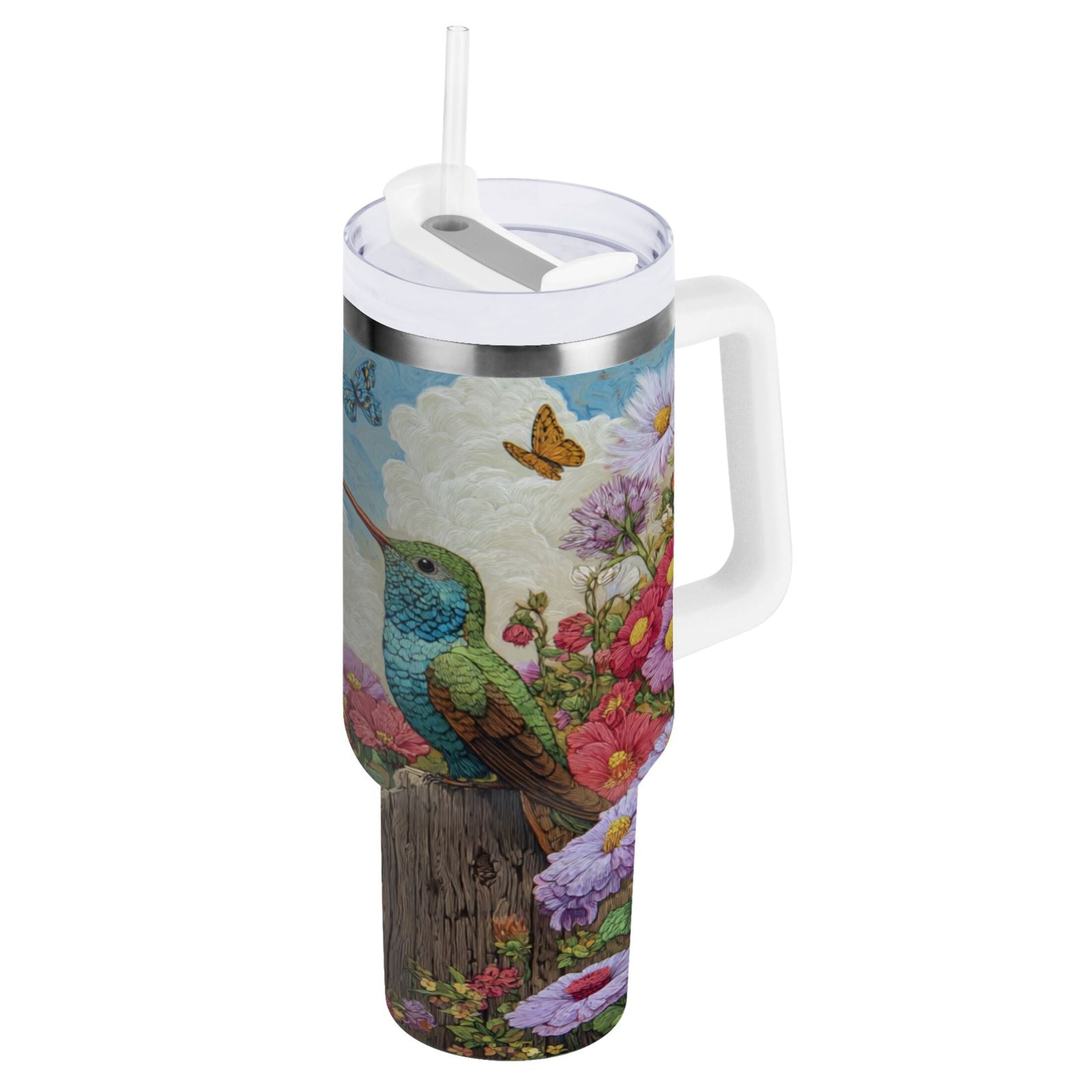 30 oz Insulated Stainless Steel Tumbler Double Wall Stainless Steel Tumbler with 2-Way Drinking Hummingbirds and Flowers - DE44