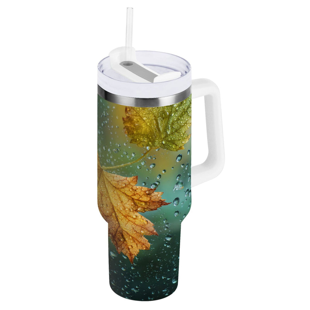 30 oz Insulated Stainless Steel Tumbler Double Wall Stainless Steel Tumbler with 2-Way Drinking Leaves with Water Droplets - 57M5
