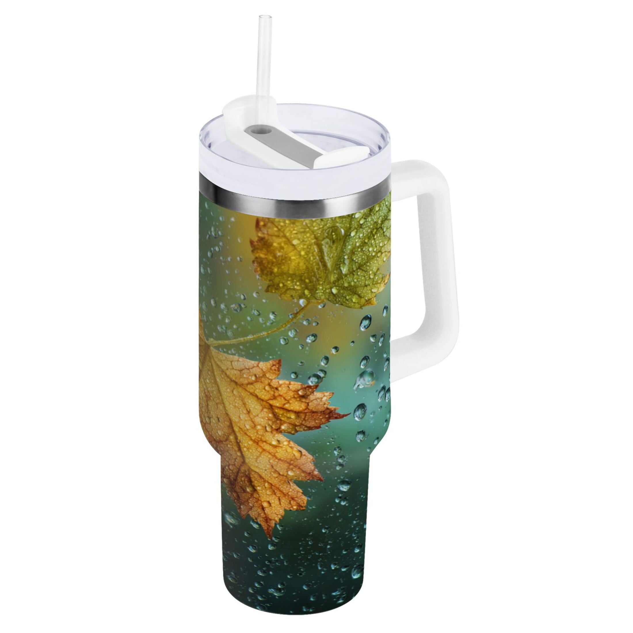 30 oz Insulated Stainless Steel Tumbler Double Wall Stainless Steel Tumbler with 2-Way Drinking Leaves with Water Droplets - 57M5