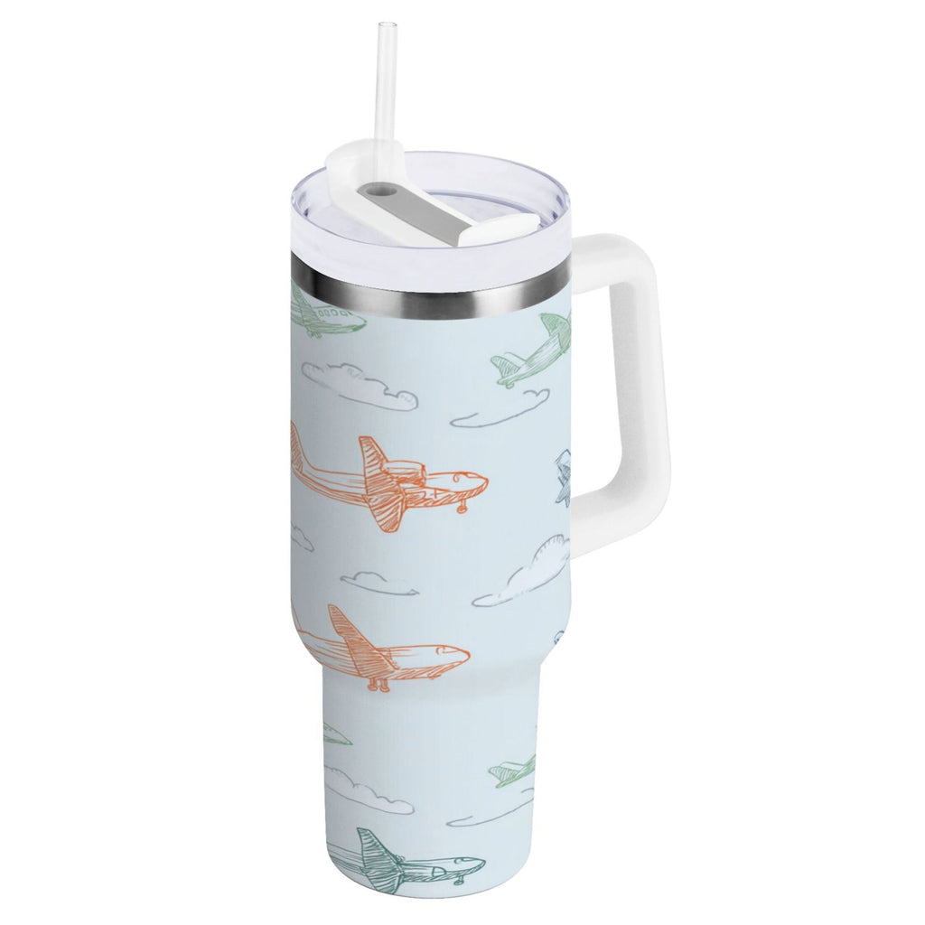 30 oz Insulated Stainless Steel Tumbler Double Wall Stainless Steel Tumbler with 2-Way Drinking Pastel Doodle Airplanes - LVQZ
