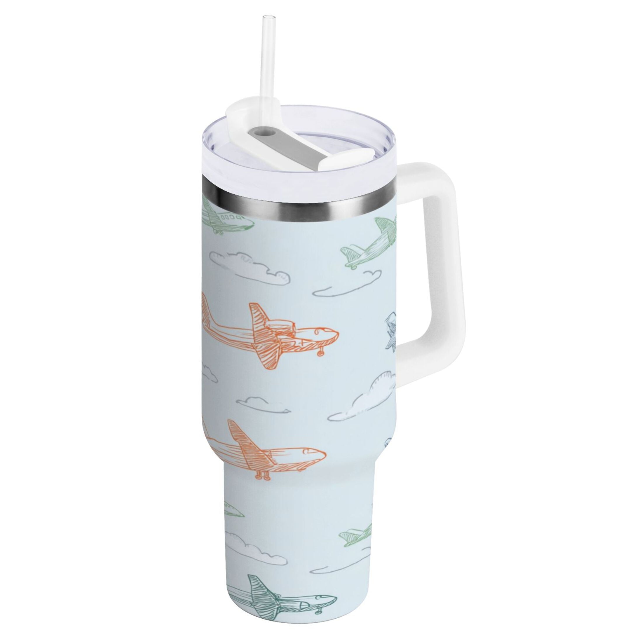 30 oz Insulated Stainless Steel Tumbler Double Wall Stainless Steel Tumbler with 2-Way Drinking Pastel Doodle Airplanes - LVQZ