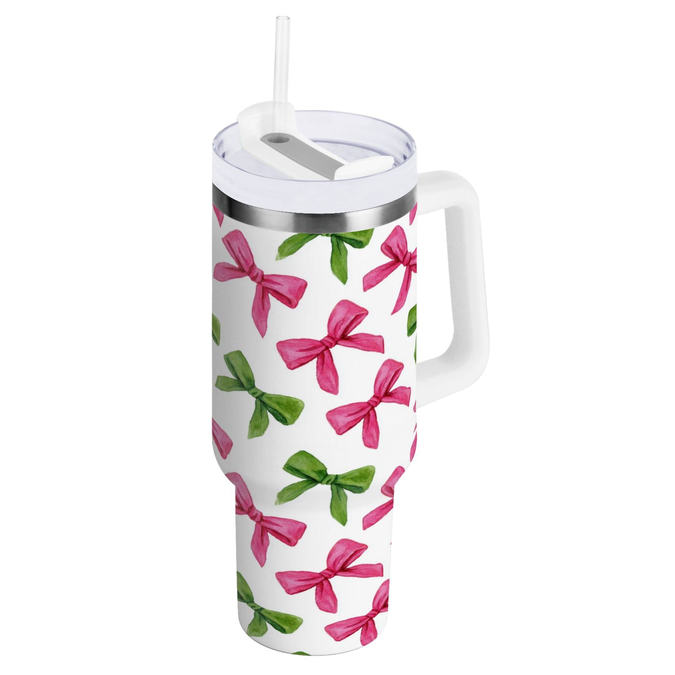 30 oz Insulated Stainless Steel Tumbler Double Wall Stainless Steel Tumbler with 2-Way Drinking Pink Bows and Green Ribbons - I8I8