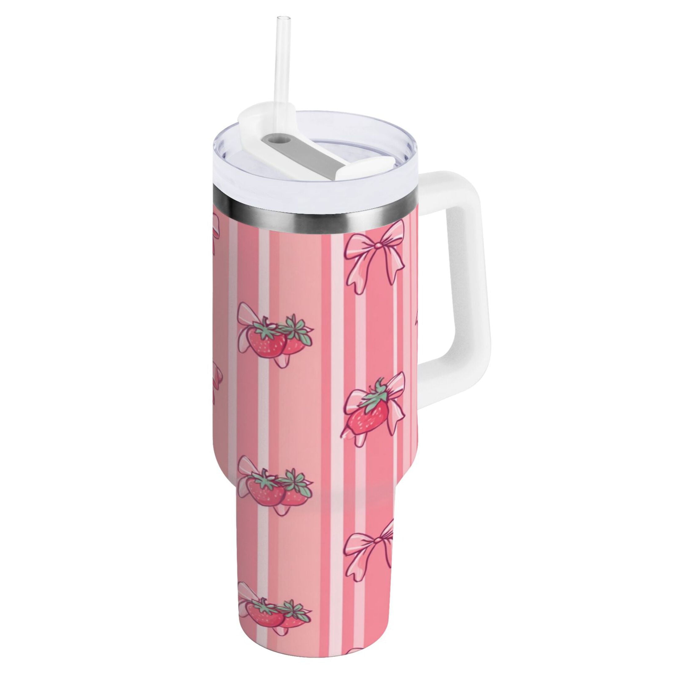 30 oz Insulated Stainless Steel Tumbler Double Wall Stainless Steel Tumbler with 2-Way Drinking Pink Bows and Strawberries - 7C3S