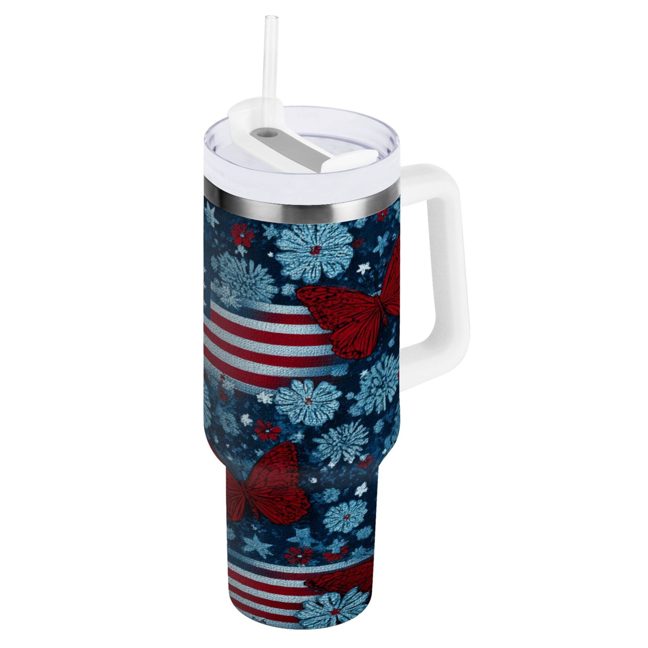 30 oz Insulated Stainless Steel Tumbler Double Wall Stainless Steel Tumbler with 2-Way Drinking Red Butterflies and Flags - Y1GX