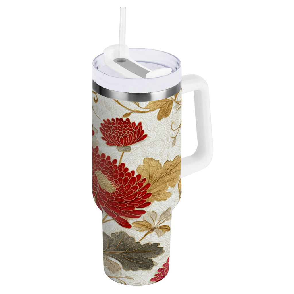 30 oz Insulated Stainless Steel Tumbler Double Wall Stainless Steel Tumbler with 2-Way Drinking Red Chrysanthemum Pattern - PTOO