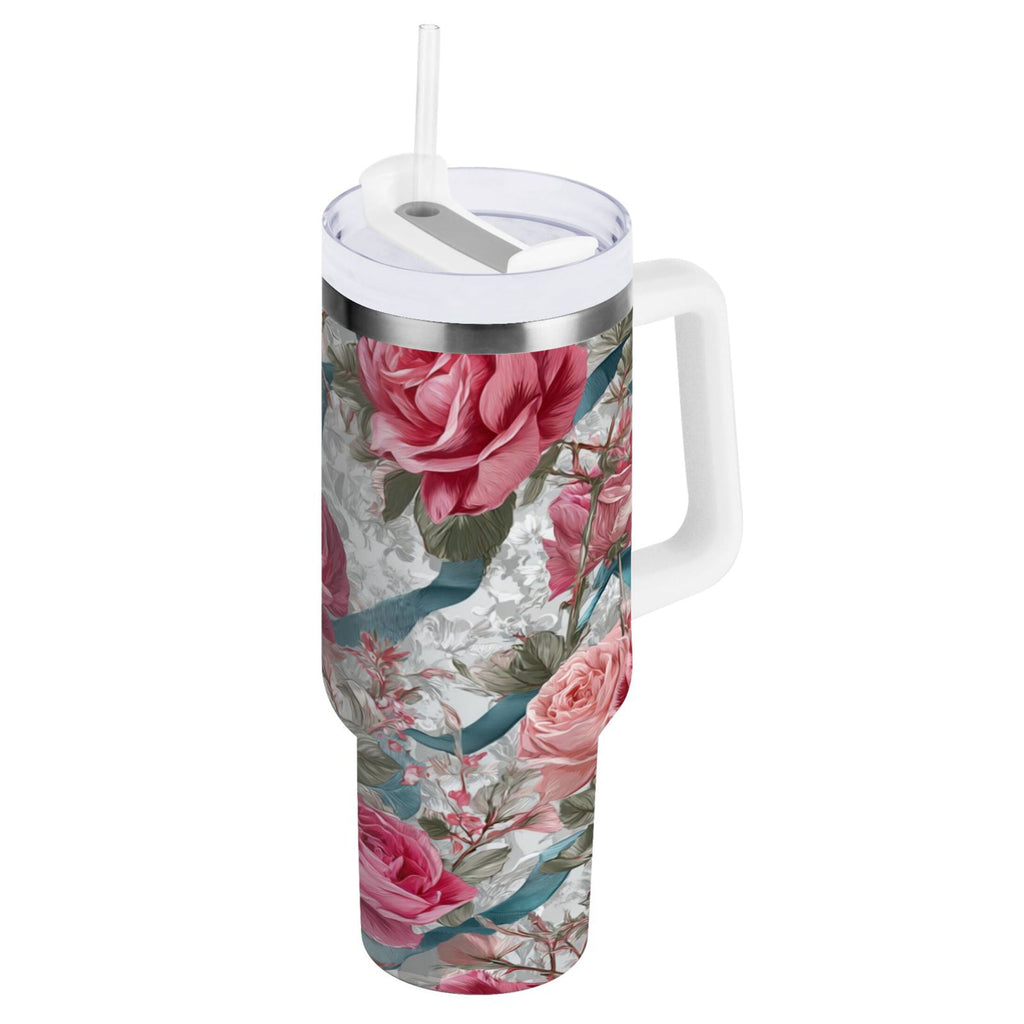 30 oz Insulated Stainless Steel Tumbler Double Wall Stainless Steel Tumbler with 2-Way Drinking Roses and Ribbons - 75RK