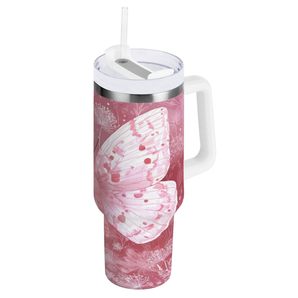 30 oz Insulated Stainless Steel Tumbler Double Wall Stainless Steel Tumbler with 2-Way Drinking Soft Pink Butterfly - 14Y1