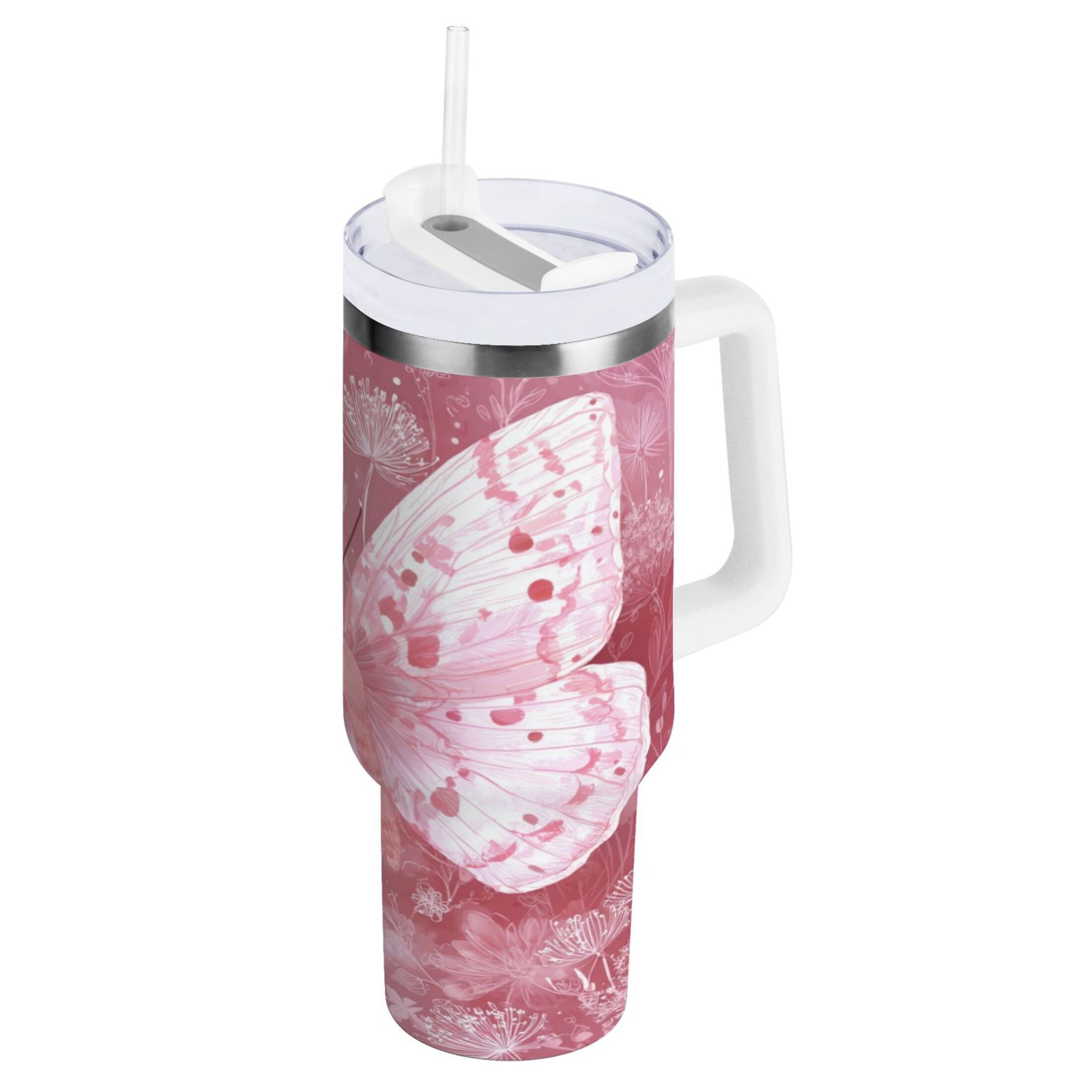 30 oz Insulated Stainless Steel Tumbler Double Wall Stainless Steel Tumbler with 2-Way Drinking Soft Pink Butterfly - 14Y1