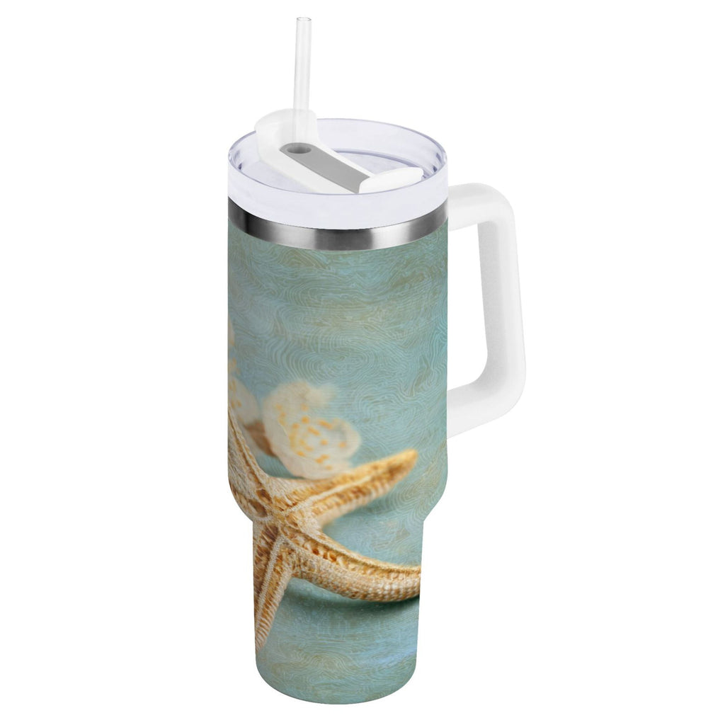 30 oz Insulated Stainless Steel Tumbler Double Wall Stainless Steel Tumbler with 2-Way Drinking Starfish with Flowers - S8OR