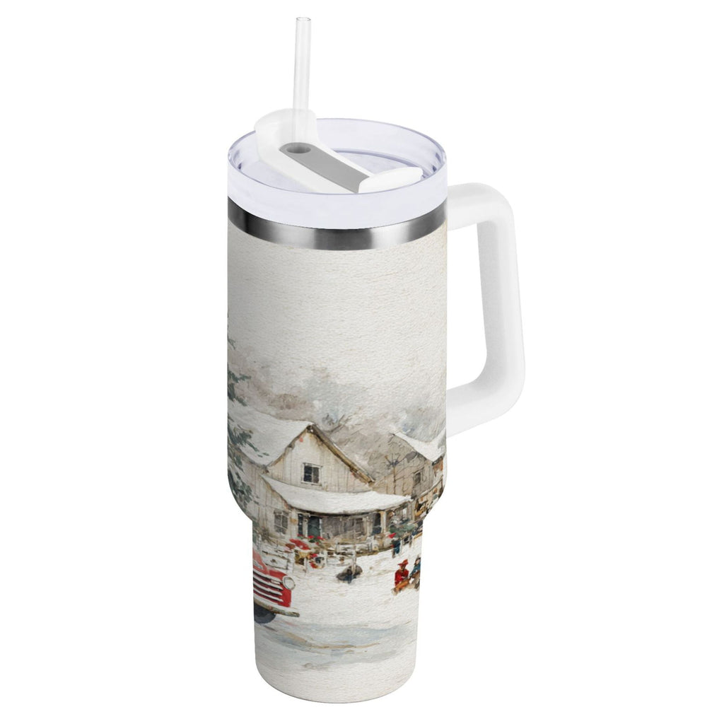 30 oz Insulated Stainless Steel Tumbler Double Wall Stainless Steel Tumbler with 2-Way Drinking Truck with Christmas Decorations - F1JV