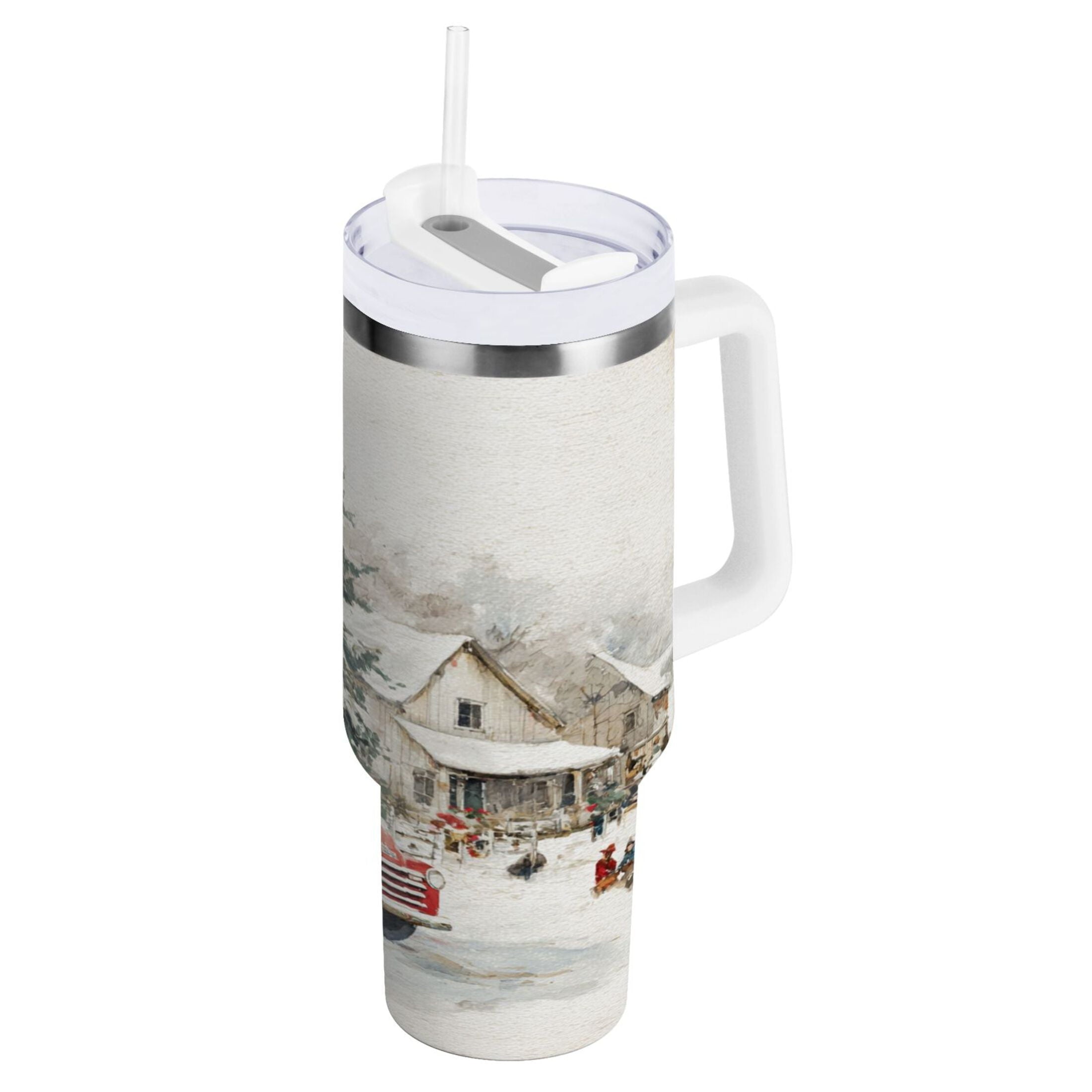 30 oz Insulated Stainless Steel Tumbler Double Wall Stainless Steel Tumbler with 2-Way Drinking Truck with Christmas Decorations - F1JV
