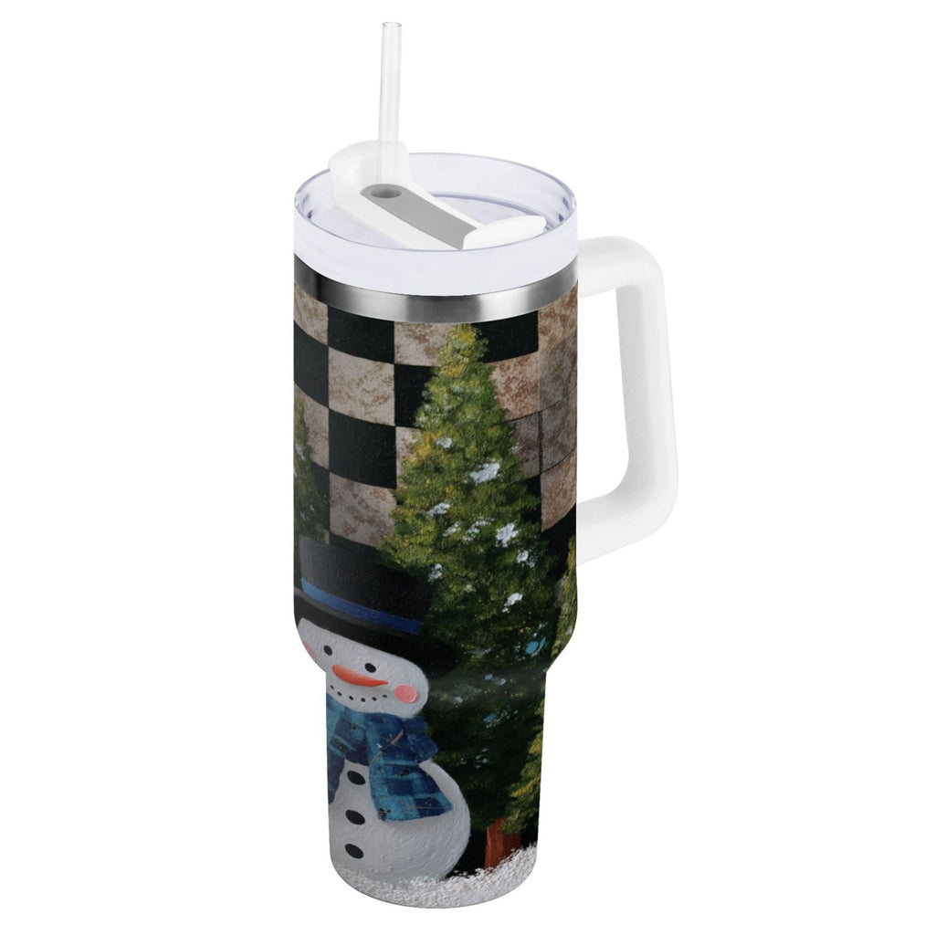 30 oz Insulated Stainless Steel Tumbler Double Wall Stainless Steel Tumbler with 2-Way Drinking Two Snowmen Pattern - QN9D