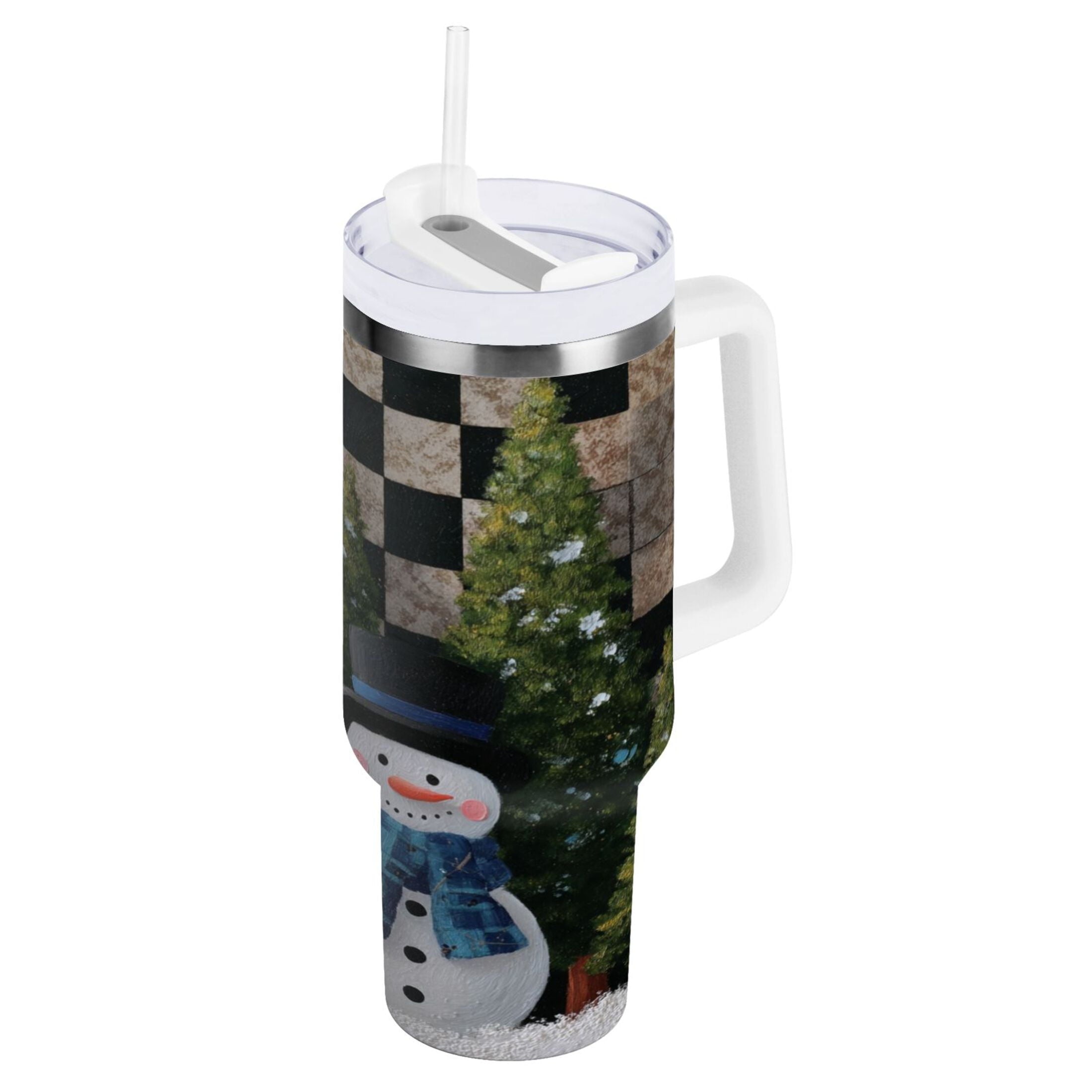 30 oz Insulated Stainless Steel Tumbler Double Wall Stainless Steel Tumbler with 2-Way Drinking Two Snowmen Pattern - QN9D