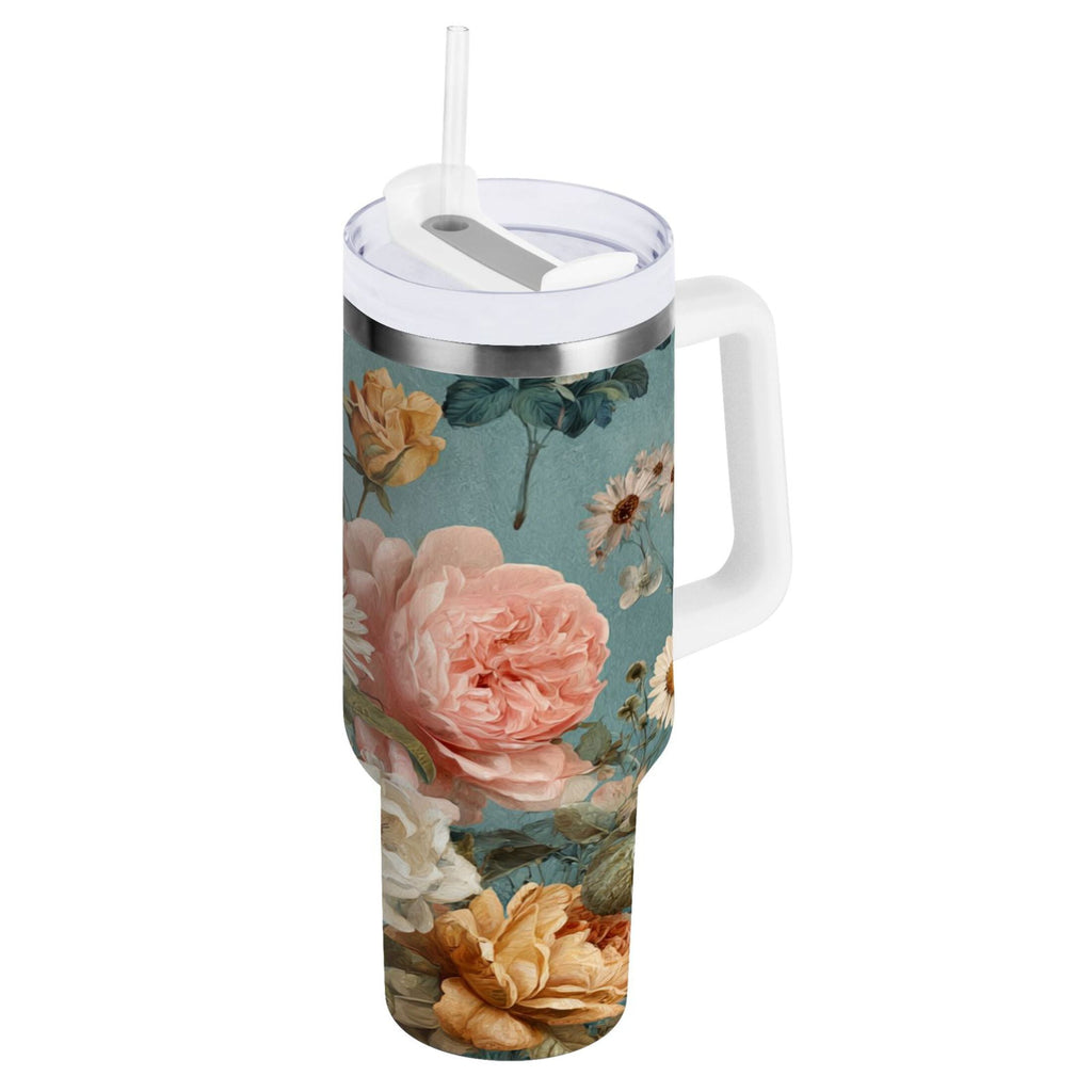 30 oz Insulated Stainless Steel Tumbler Double Wall Stainless Steel Tumbler with 2-Way Drinking Vintage Roses and Peonies - EK50