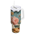 30 oz Insulated Stainless Steel Tumbler Double Wall Stainless Steel Tumbler with 2-Way Drinking Vintage Roses and Peonies - EK50