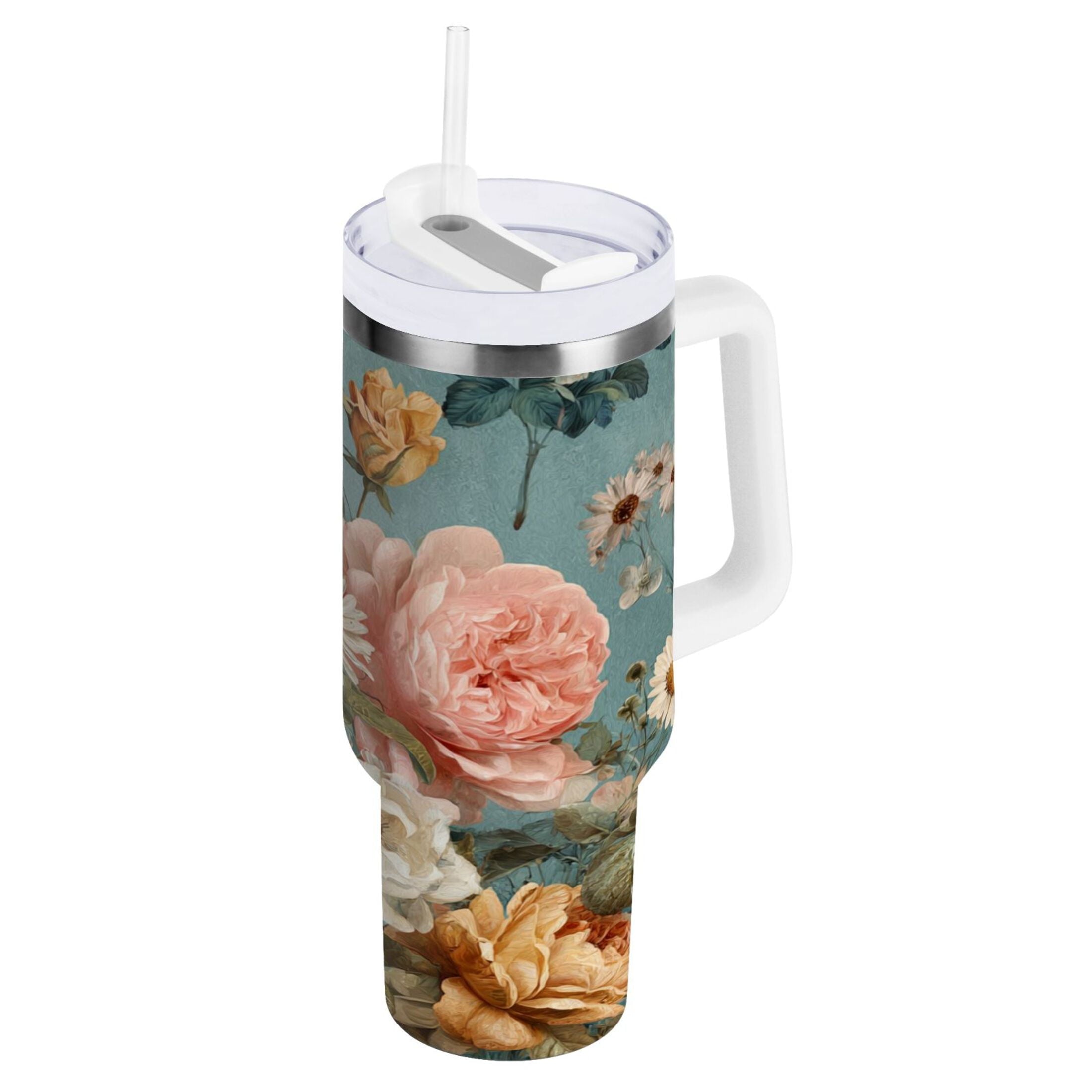 30 oz Insulated Stainless Steel Tumbler Double Wall Stainless Steel Tumbler with 2-Way Drinking Vintage Roses and Peonies - EK50