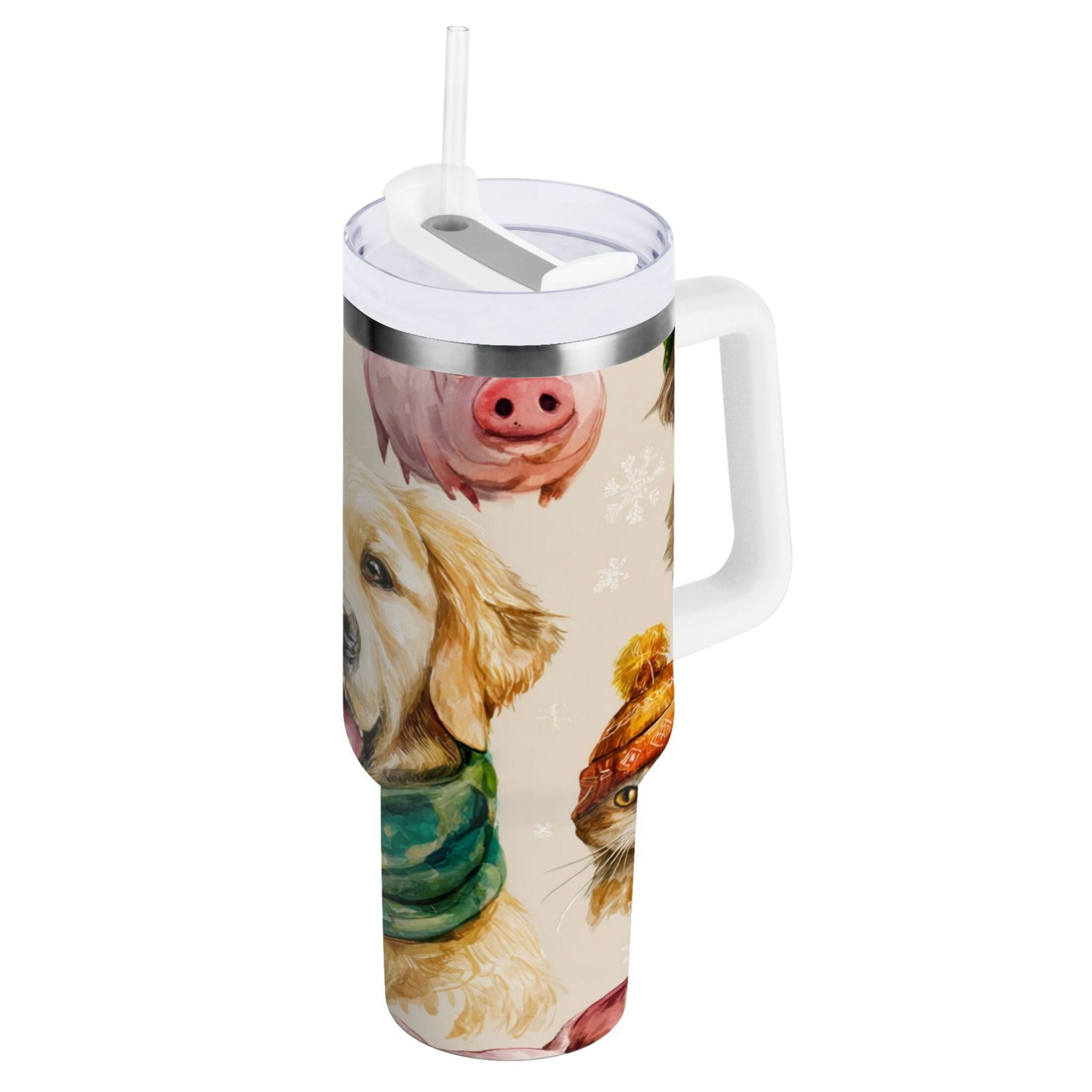 30 oz Insulated Stainless Steel Tumbler Double Wall Stainless Steel Tumbler with 2-Way Drinking Watercolor Animals Pattern - YTG7