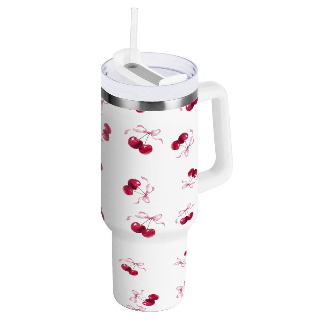 30 oz Insulated Stainless Steel Tumbler Double Wall Stainless Steel Tumbler with 2-Way Drinking Watercolor Cherries Pattern - M0EV