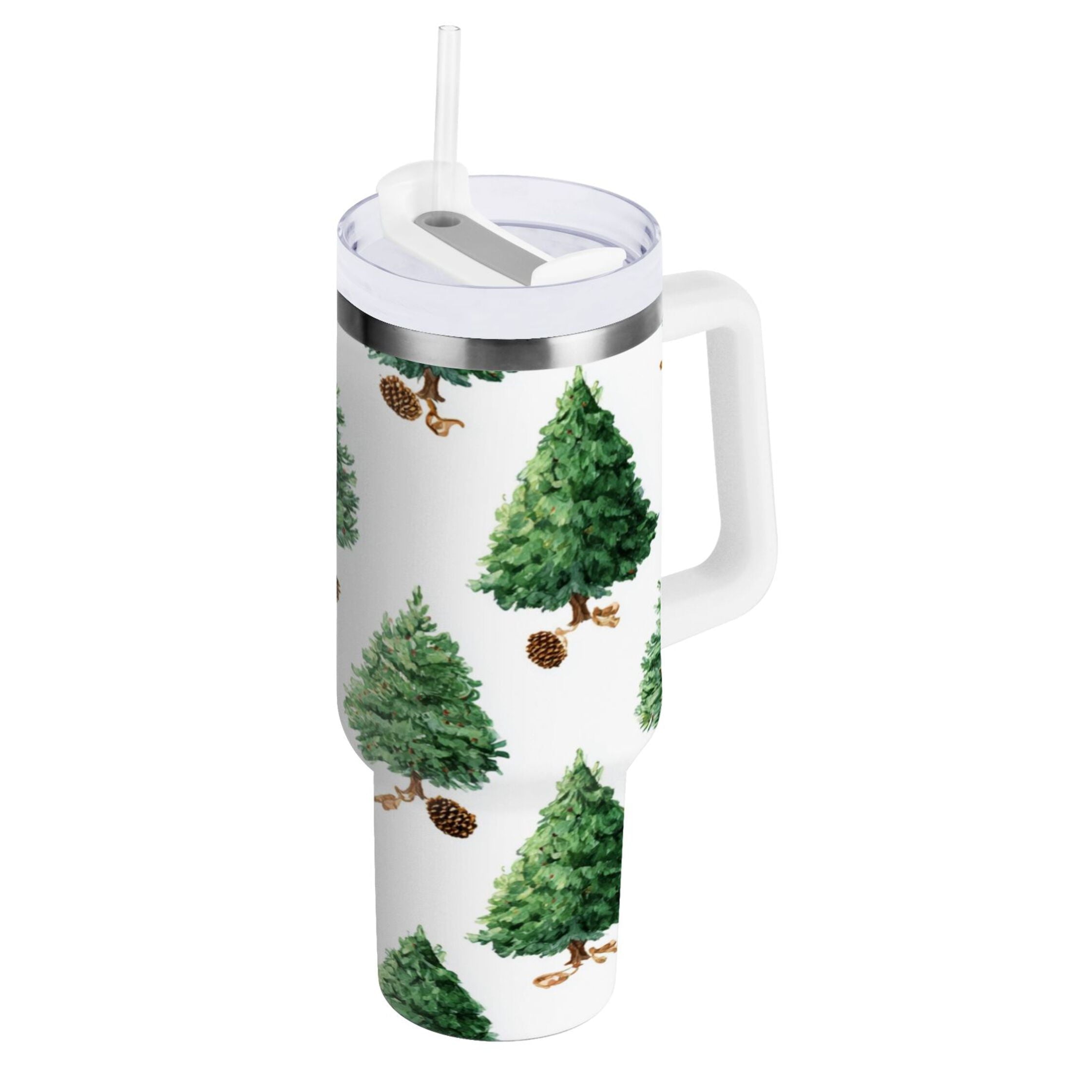 30 oz Insulated Stainless Steel Tumbler Double Wall Stainless Steel Tumbler with 2-Way Drinking Watercolor Green Christmas Tree - HY7R