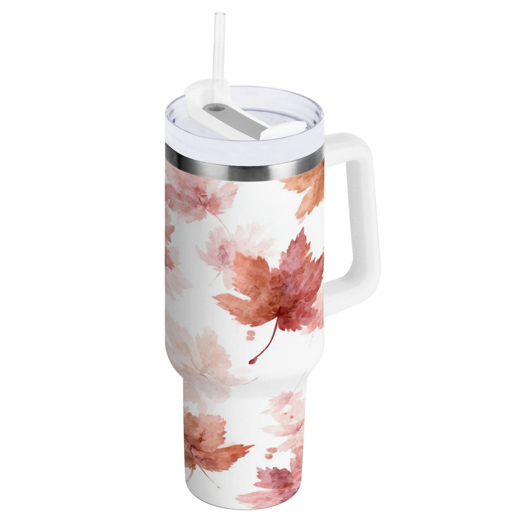 30 oz Insulated Stainless Steel Tumbler Double Wall Stainless Steel Tumbler with 2-Way Drinking Watercolor Pink Maple Leaves - YETU