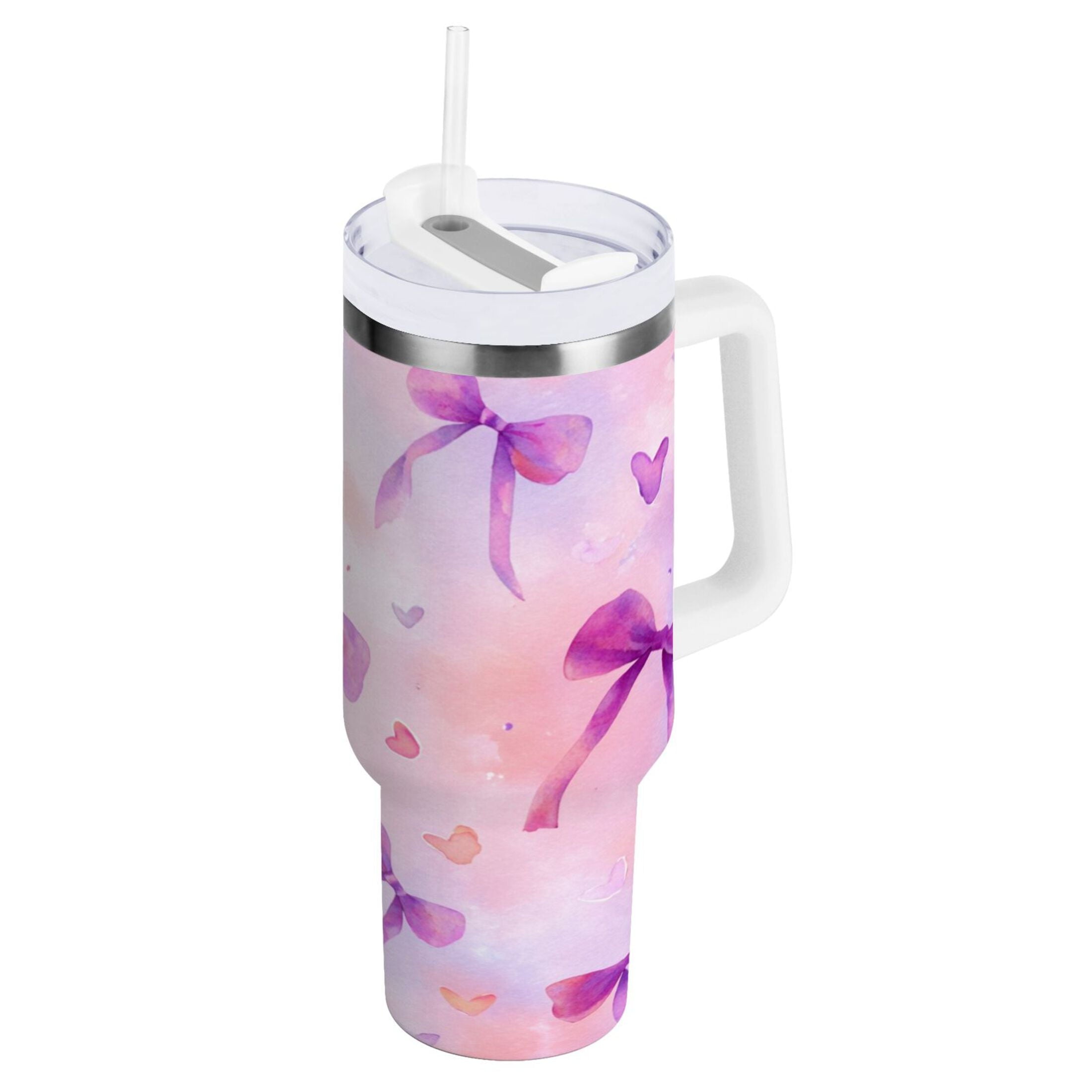 30 oz Insulated Stainless Steel Tumbler Double Wall Stainless Steel Tumbler with 2-Way Drinking Watercolor Purple Bows - Q3ZJ
