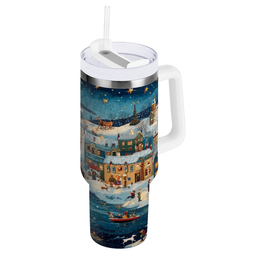 30 oz Insulated Stainless Steel Tumbler Double Wall Stainless Steel Tumbler with 2-Way Drinking Whimsical Christmas Scene - 3D9Z