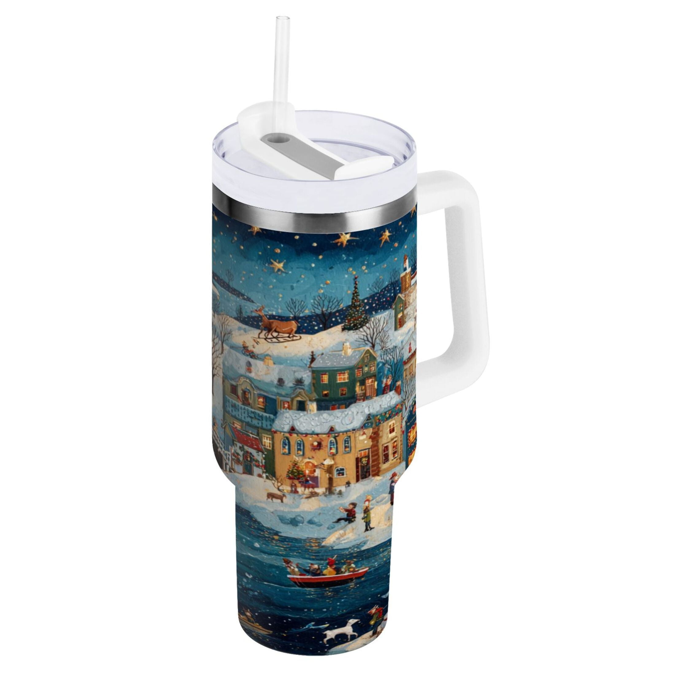 30 oz Insulated Stainless Steel Tumbler Double Wall Stainless Steel Tumbler with 2-Way Drinking Whimsical Christmas Scene - 3D9Z