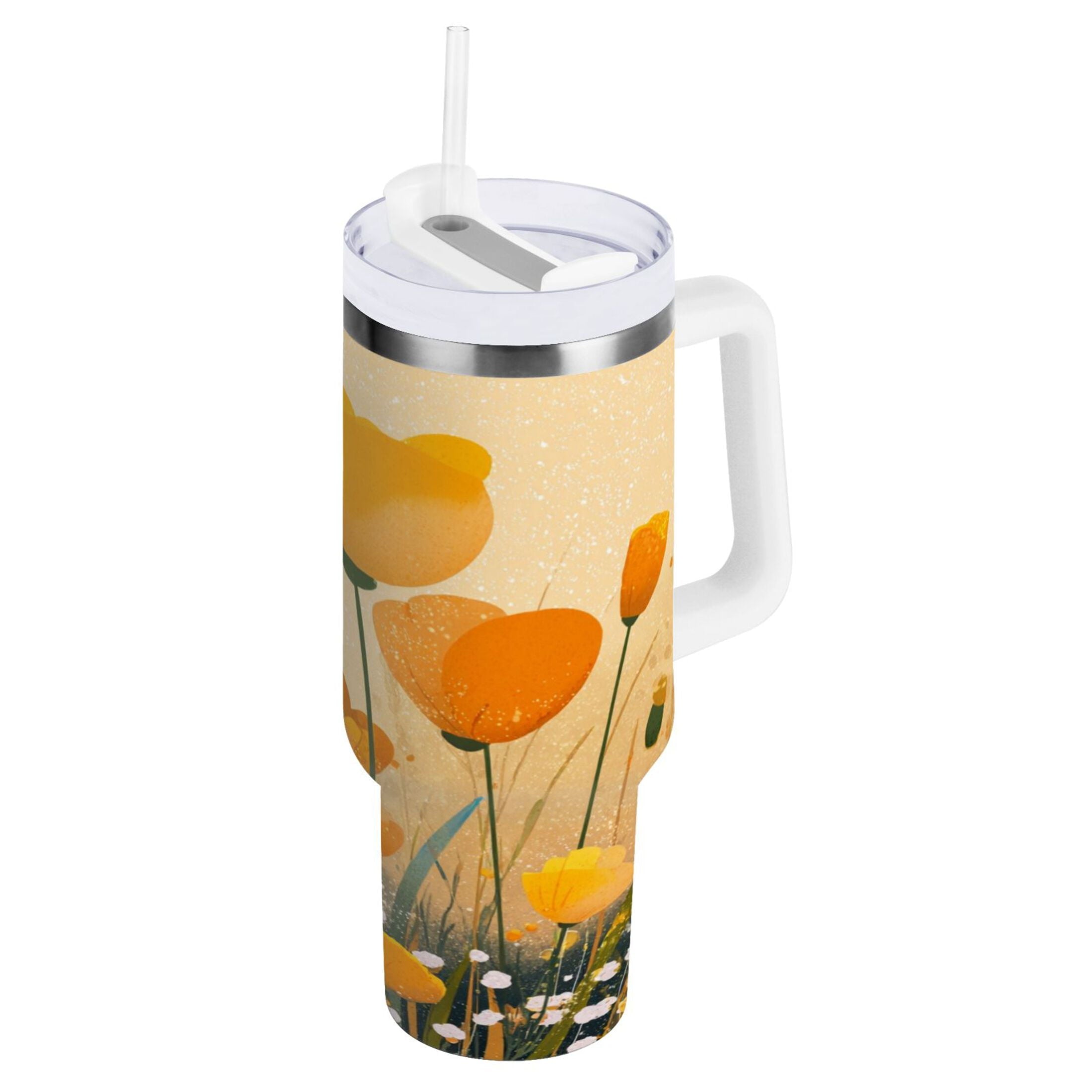 30 oz Insulated Stainless Steel Tumbler Double Wall Stainless Steel Tumbler with 2-Way Drinking Yellow Flowers on The Grass - XIHC