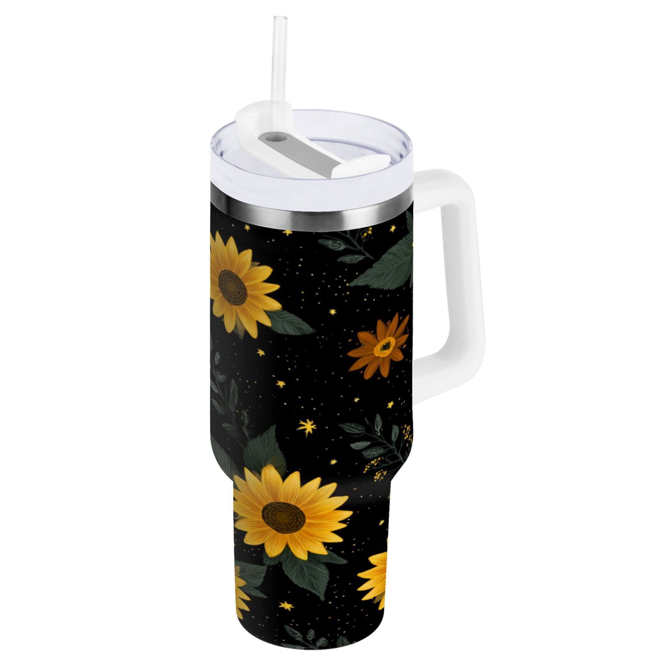 30 oz Insulated Stainless Steel Tumbler Double Wall Stainless Steel Tumbler with 2-Way Drinking Yellow Sunflower Pattern - 65JK