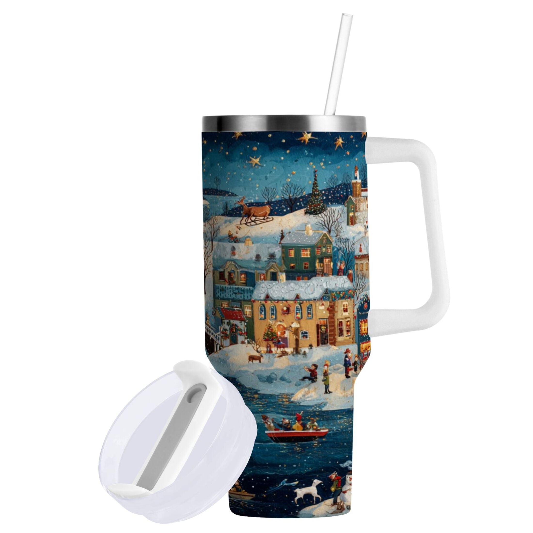30 oz Insulated Stainless Steel Tumbler Double Wall Stainless Steel Tumbler with 2-Way Drinking Whimsical Christmas Scene - 3D9Z
