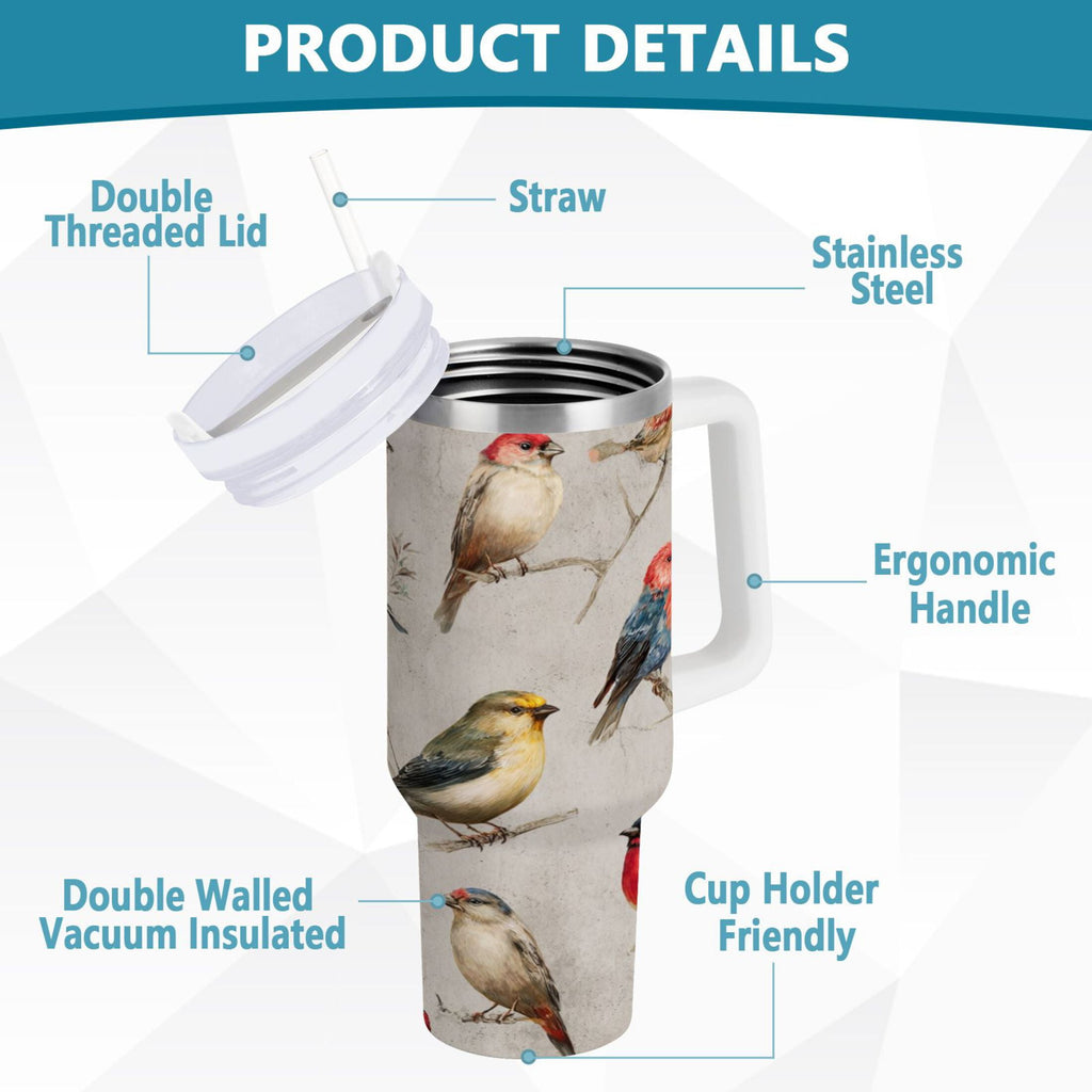 40 oz Insulated Stainless Steel Tumbler Double Wall Stainless Steel Tumbler with 2-Way Drinking Birds Pattern - 6NG8