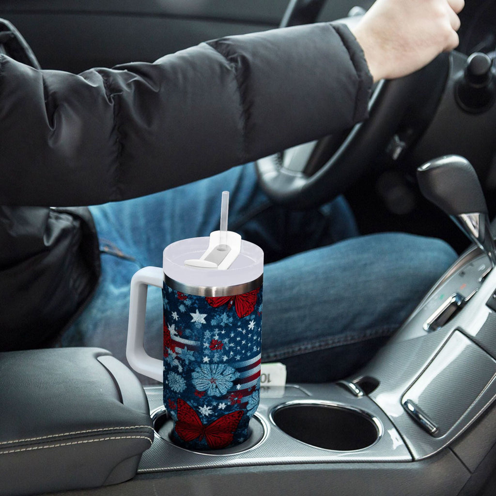 30 oz Insulated Stainless Steel Tumbler Double Wall Stainless Steel Tumbler with 2-Way Drinking Red Butterflies and Flags - Y1GX