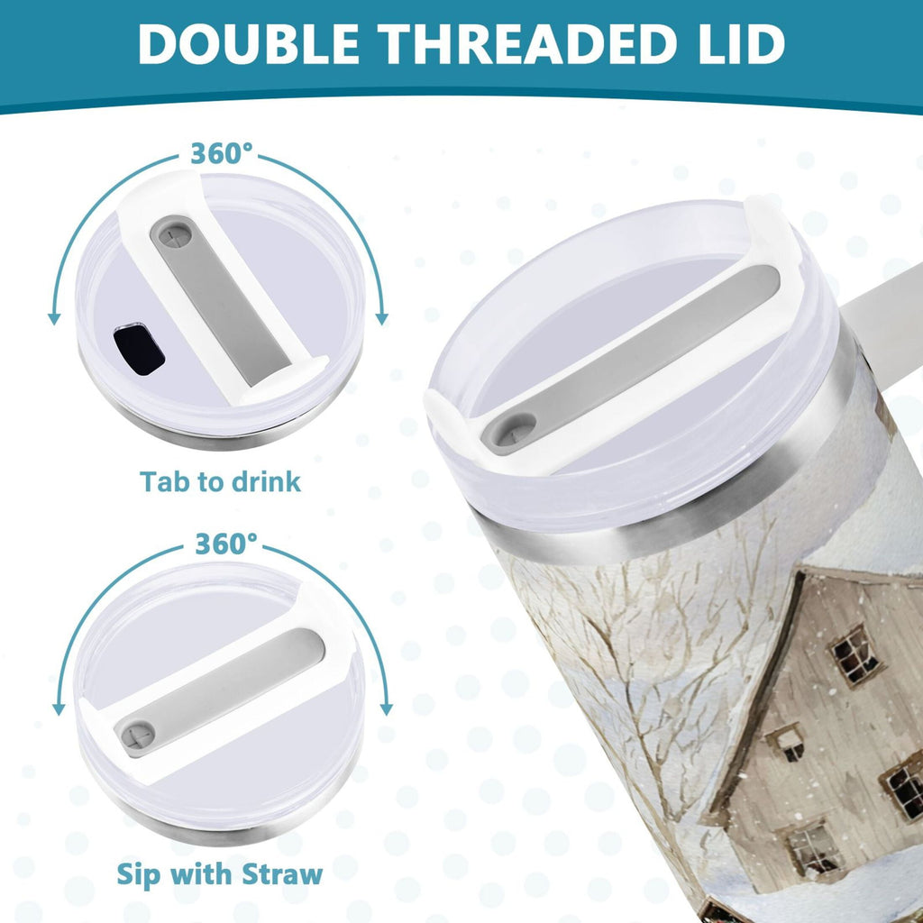 40 oz Insulated Stainless Steel Tumbler Double Wall Stainless Steel Tumbler with 2-Way Drinking Farm Snow Scene - M2B0