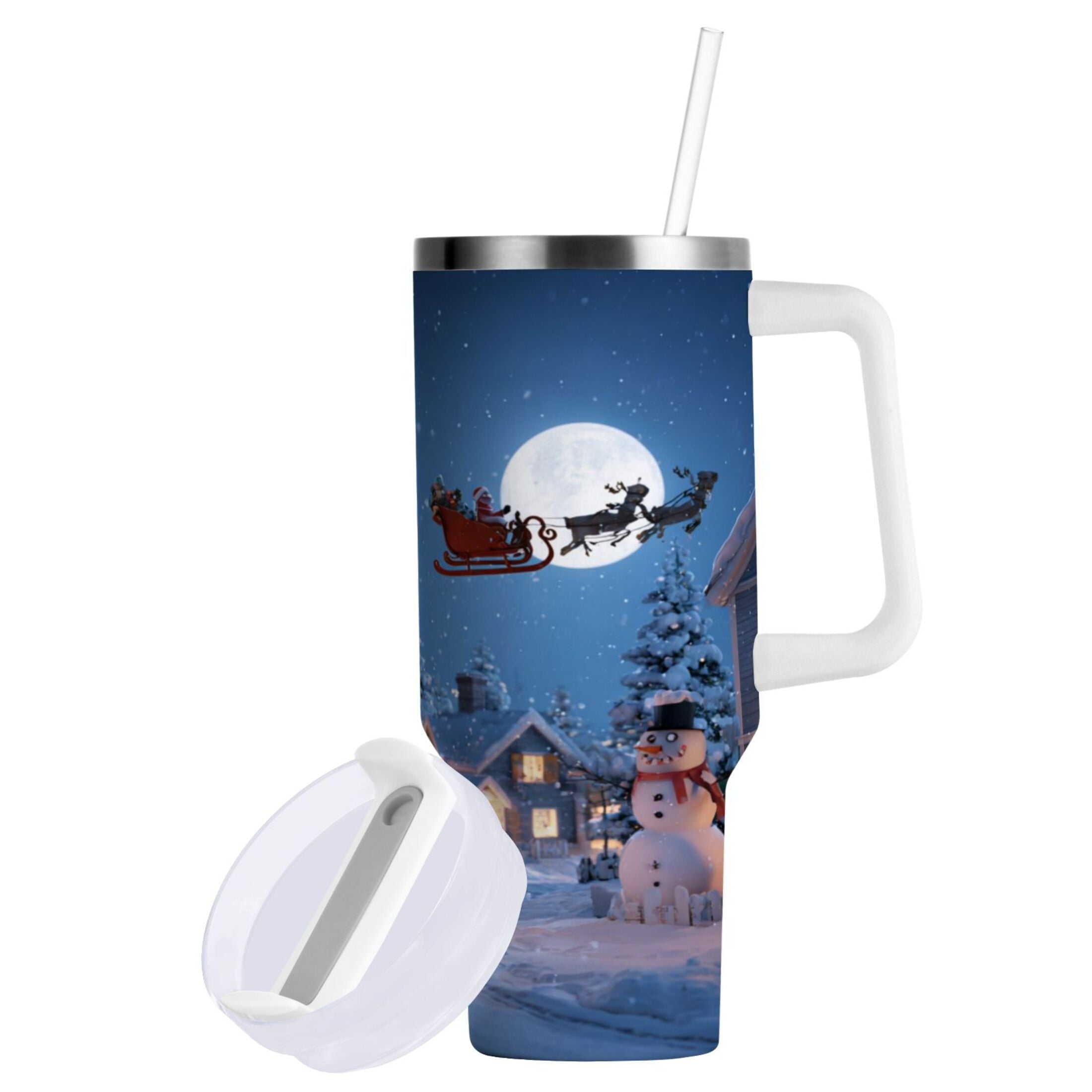 30 oz Insulated Stainless Steel Tumbler Double Wall Stainless Steel Tumbler with 2-Way Drinking Christmas Night Scene - DI8D