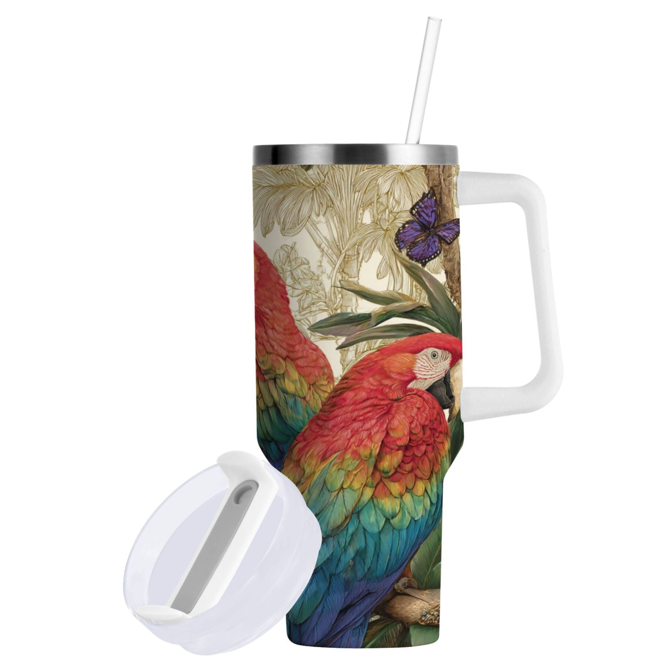 30 oz Insulated Stainless Steel Tumbler Double Wall Stainless Steel Tumbler with 2-Way Drinking Colorful Beautiful Parrots - SJFC