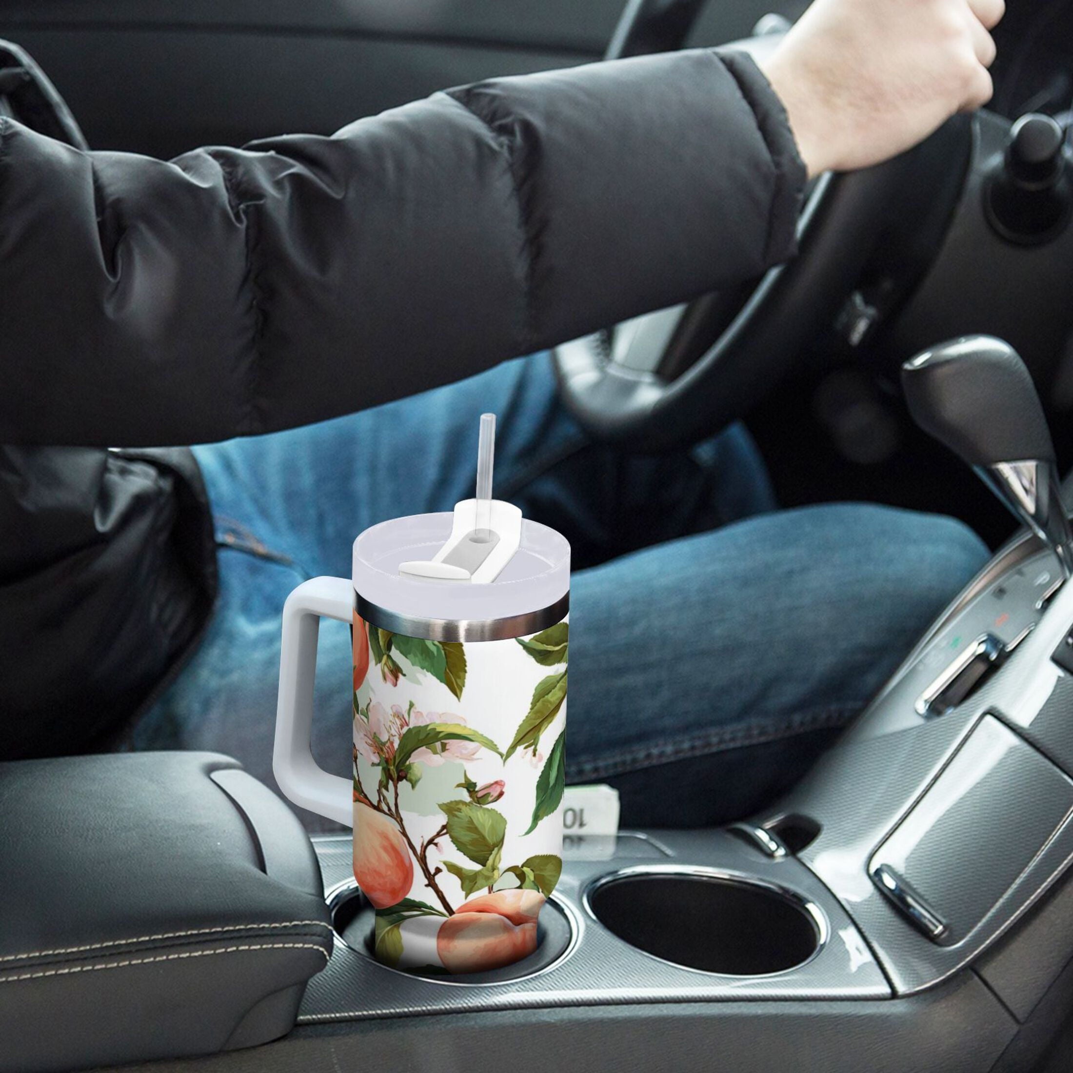 30 oz Insulated Stainless Steel Tumbler Double Wall Stainless Steel Tumbler with 2-Way Drinking Peach Fruit Pattern - ZPM5