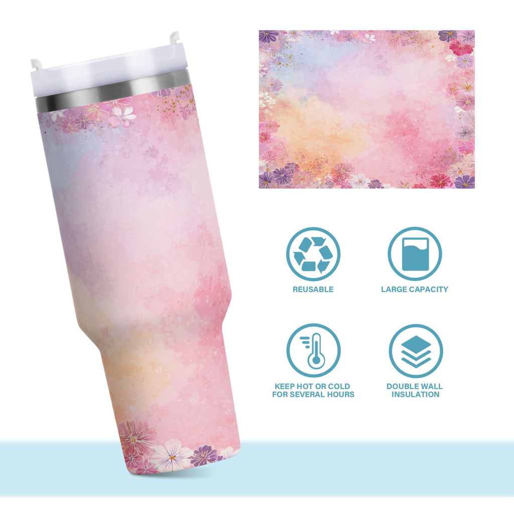 30 oz Insulated Stainless Steel Tumbler Double Wall Stainless Steel Tumbler with 2-Way Drinking Colorful Pastel Floral Pattern - XX8S