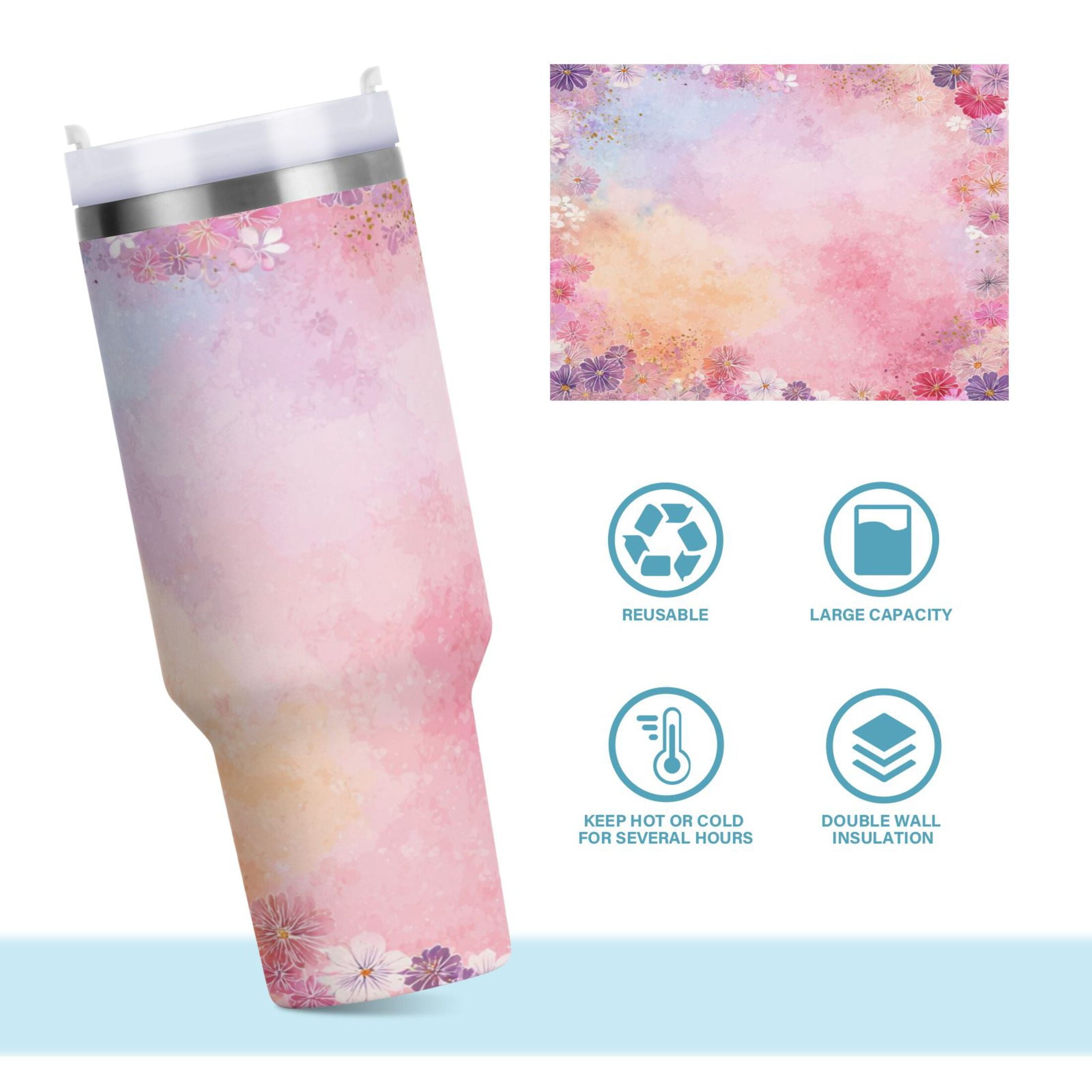 30 oz Insulated Stainless Steel Tumbler Double Wall Stainless Steel Tumbler with 2-Way Drinking Colorful Pastel Floral Pattern - XX8S