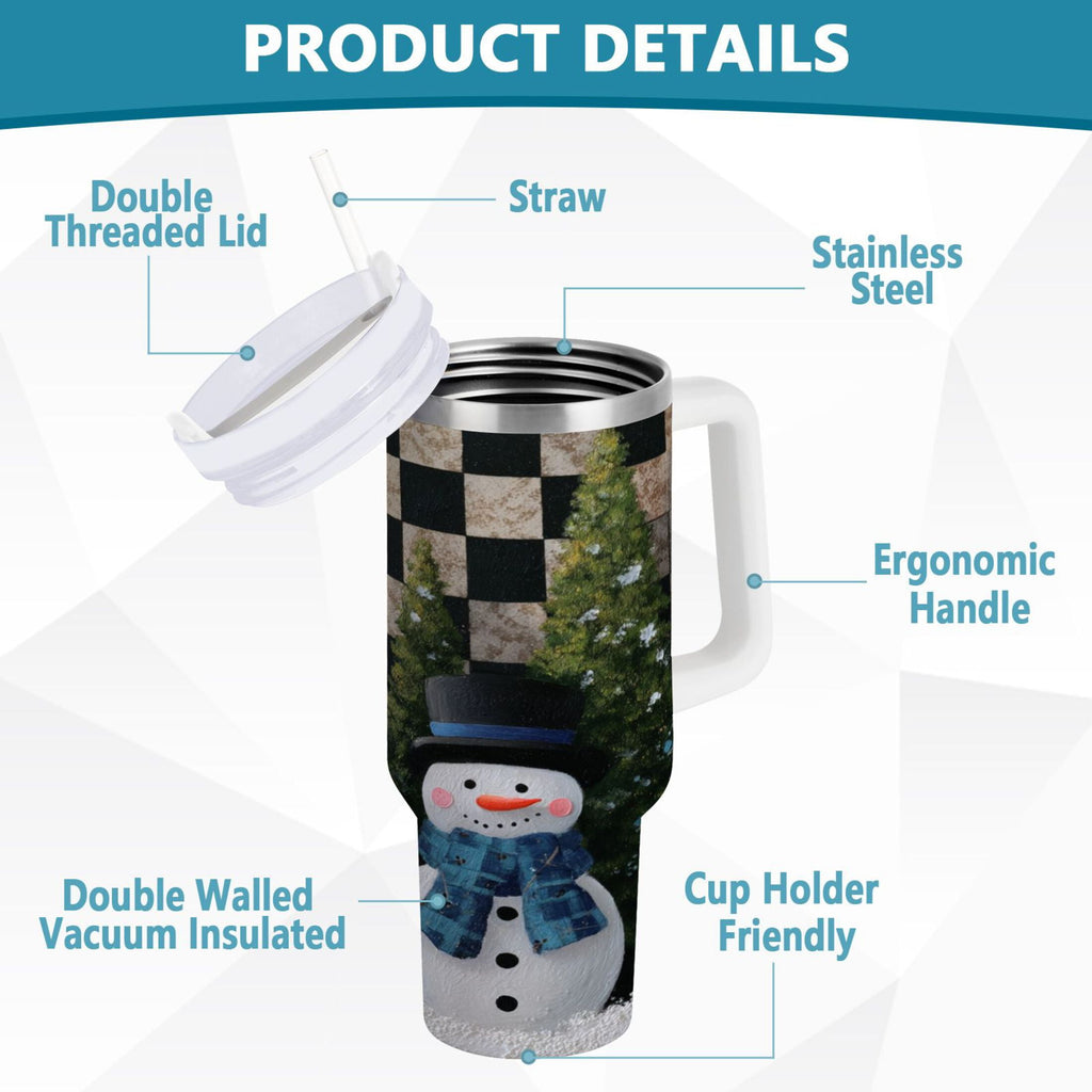 30 oz Insulated Stainless Steel Tumbler Double Wall Stainless Steel Tumbler with 2-Way Drinking Two Snowmen Pattern - QN9D