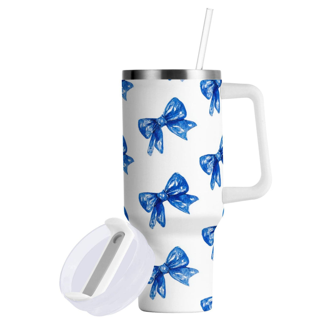 30 oz Insulated Stainless Steel Tumbler Double Wall Stainless Steel Tumbler with 2-Way Drinking Blue Bows Pattern - 3BA5